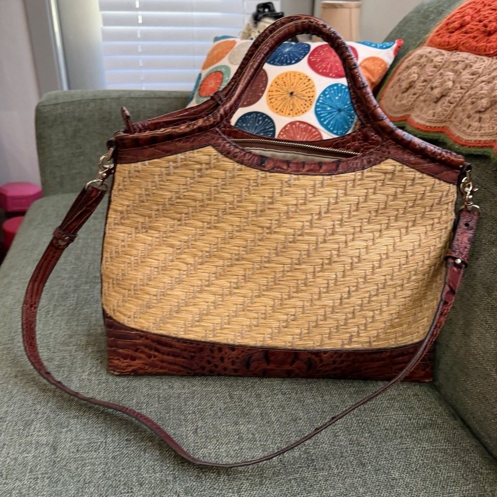 Brahmin Straw Raffia & Melbourne Embossed Leather Satchel Tote Brown Croc - Picture 13 of 13